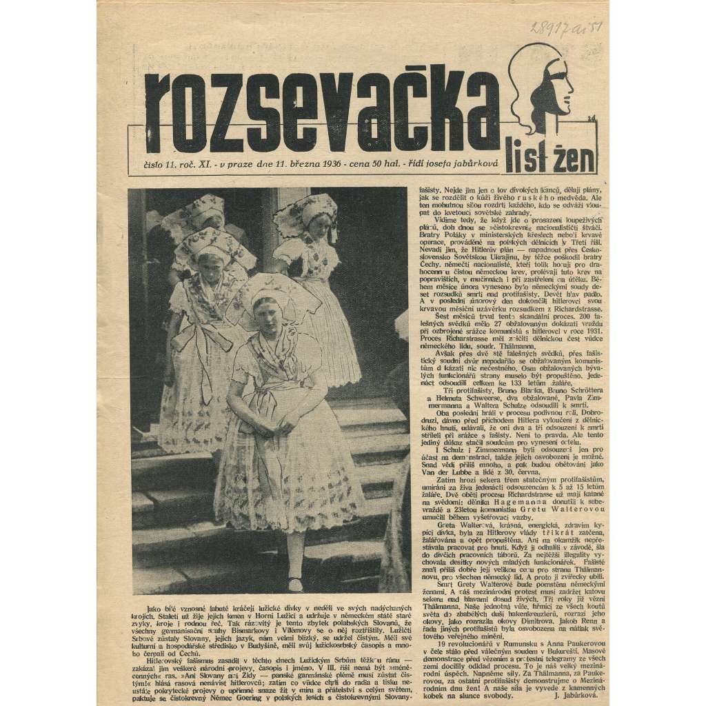 Rozsevačka, ročník XI., číslo 11/1936. List žen (časopis, 1. republika, noviny)