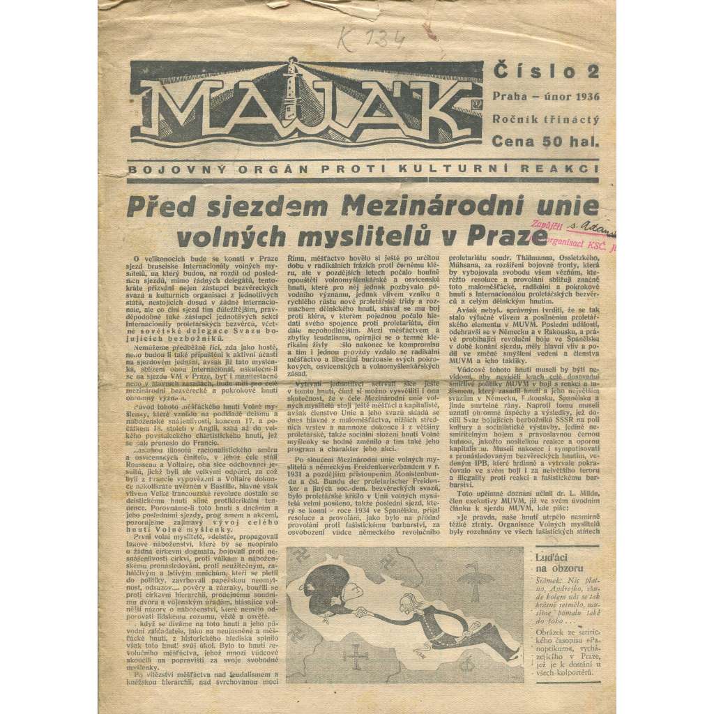 Maják, ročník XIII., číslo 2/1936. Bojovný orgán protikulturní reakci (časopis, levicová literatura,noviny, 1. republika)