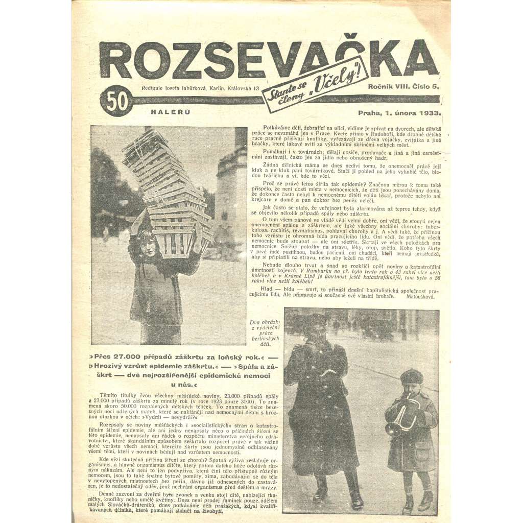 Rozsevačka, ročník VIII., číslo 5/1933 (časopis, 1. republika, noviny)