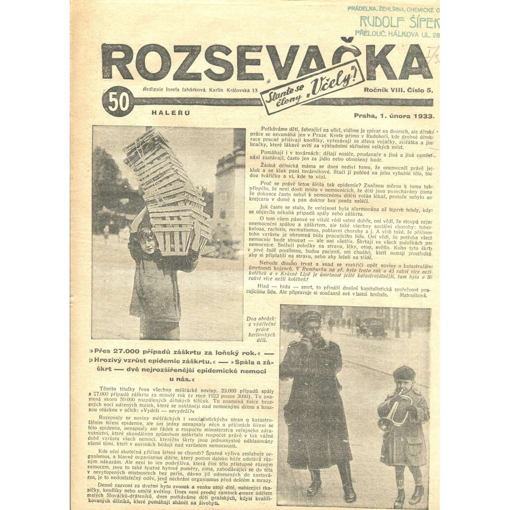 Rozsevačka, ročník VIII., číslo 5/1933 (časopis, 1. republika, noviny)