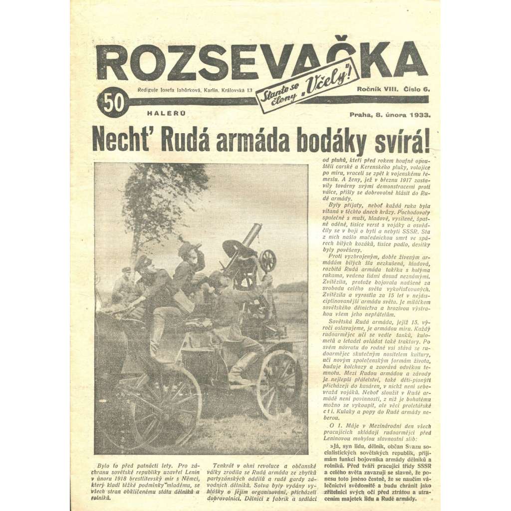 Rozsevačka, ročník VIII., číslo 6/1933 (časopis, 1. republika, noviny)