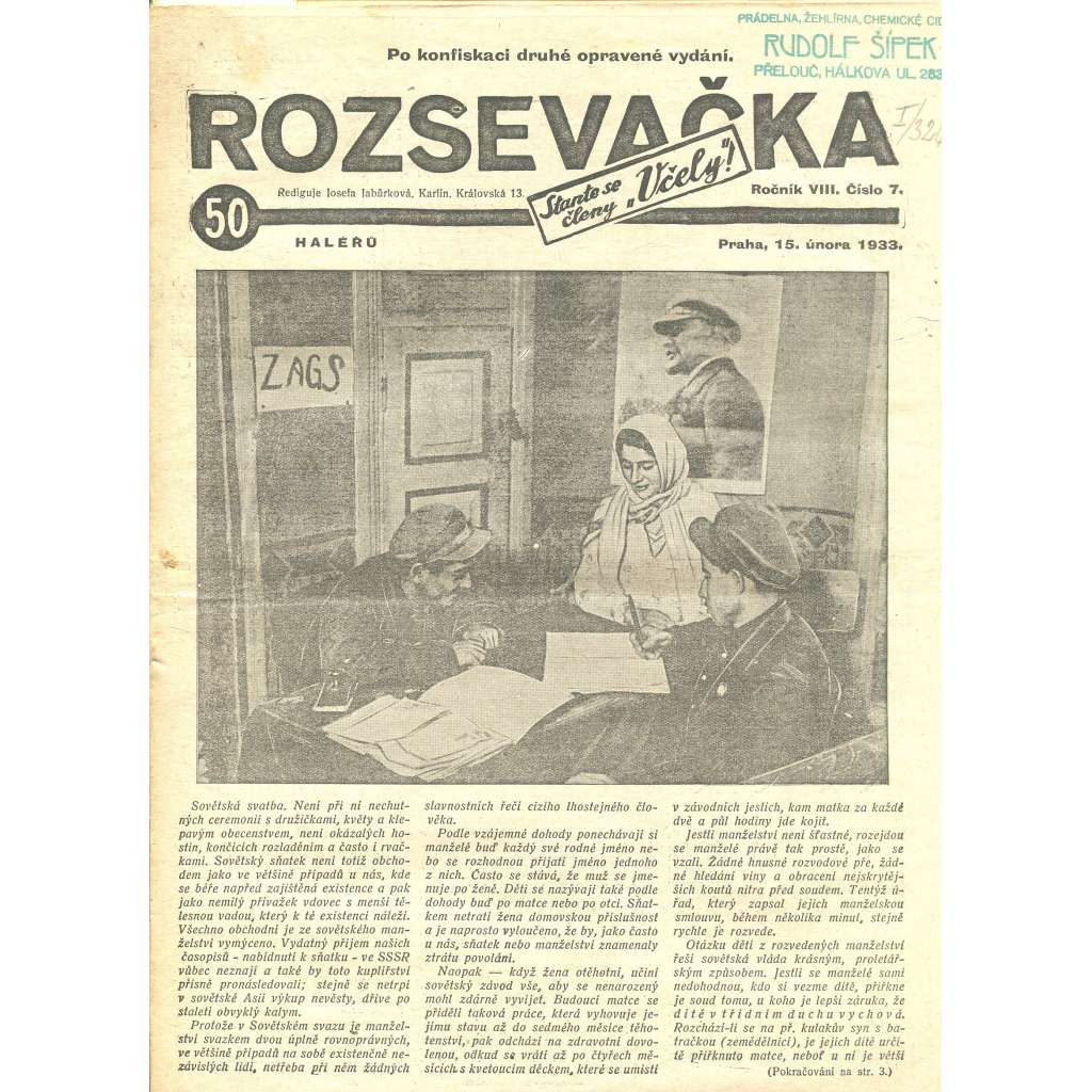 Rozsevačka, ročník VIII., číslo 7/1933 (časopis, 1. republika, noviny)