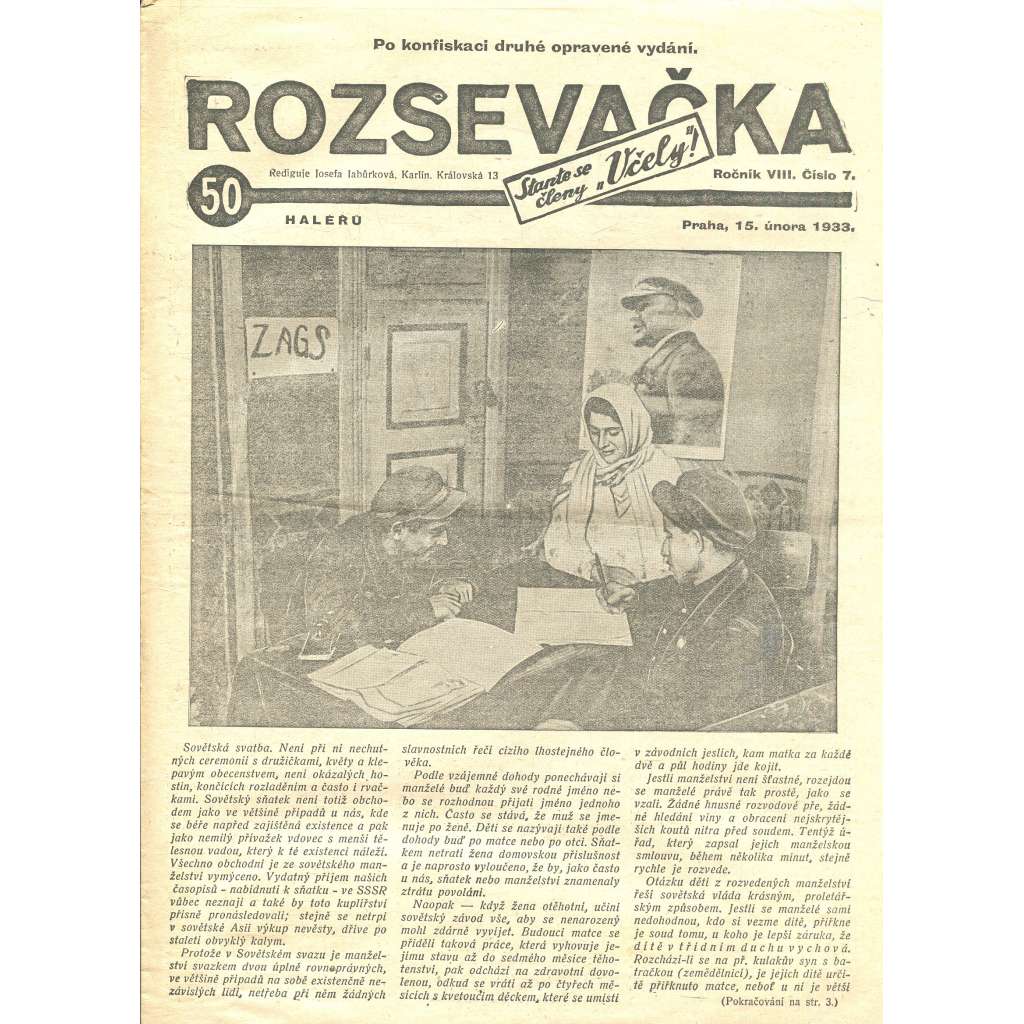 Rozsevačka, ročník VIII., číslo 7/1933 (časopis, 1. republika, noviny)