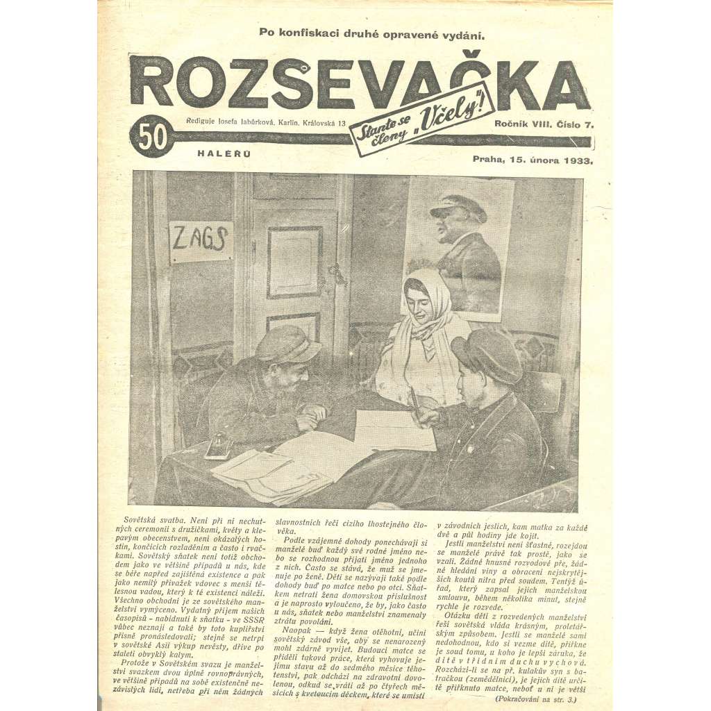 Rozsevačka, ročník VIII., číslo 7/1933 (časopis, 1. republika, noviny)