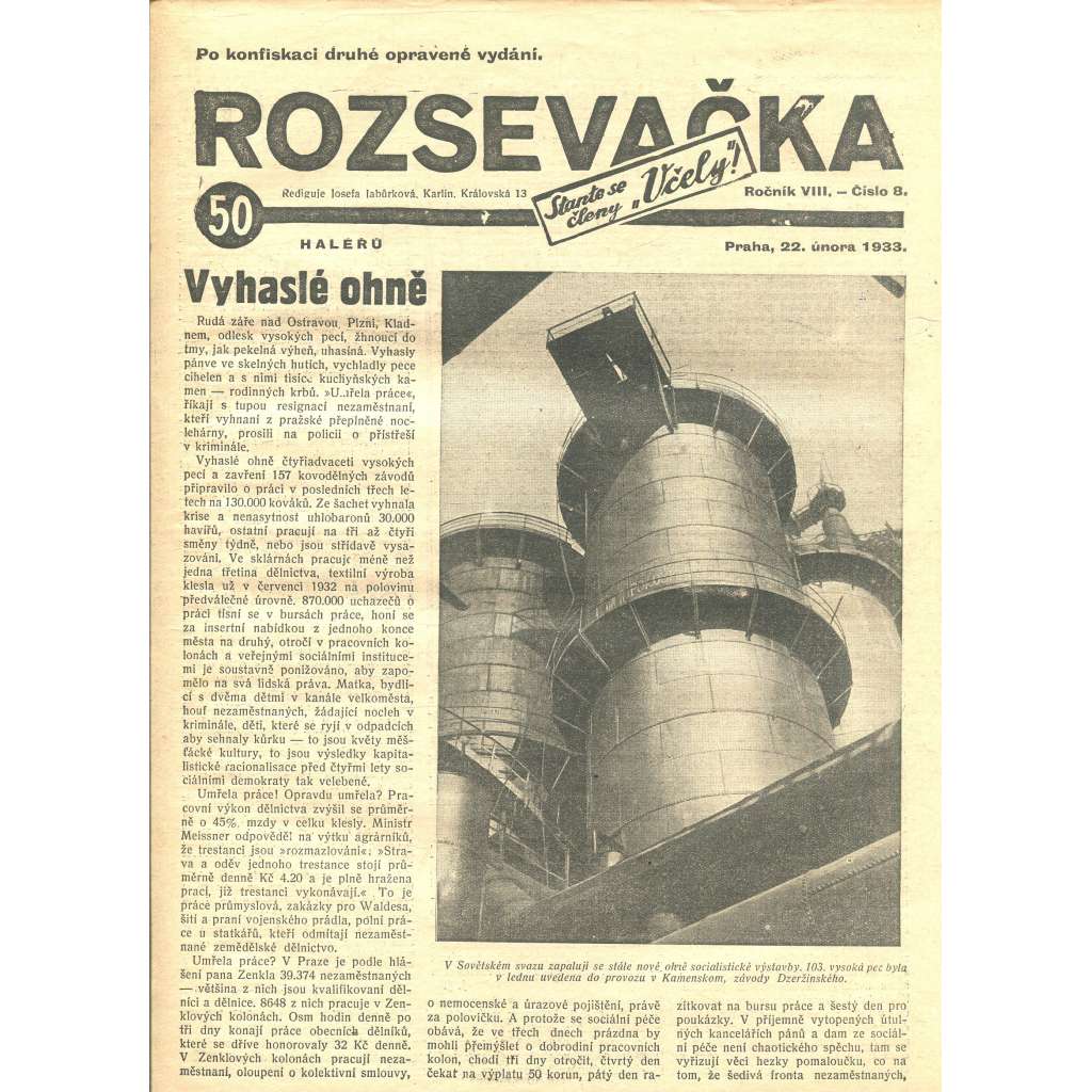 Rozsevačka, ročník VIII., číslo 8/1933 (časopis, 1. republika, noviny)