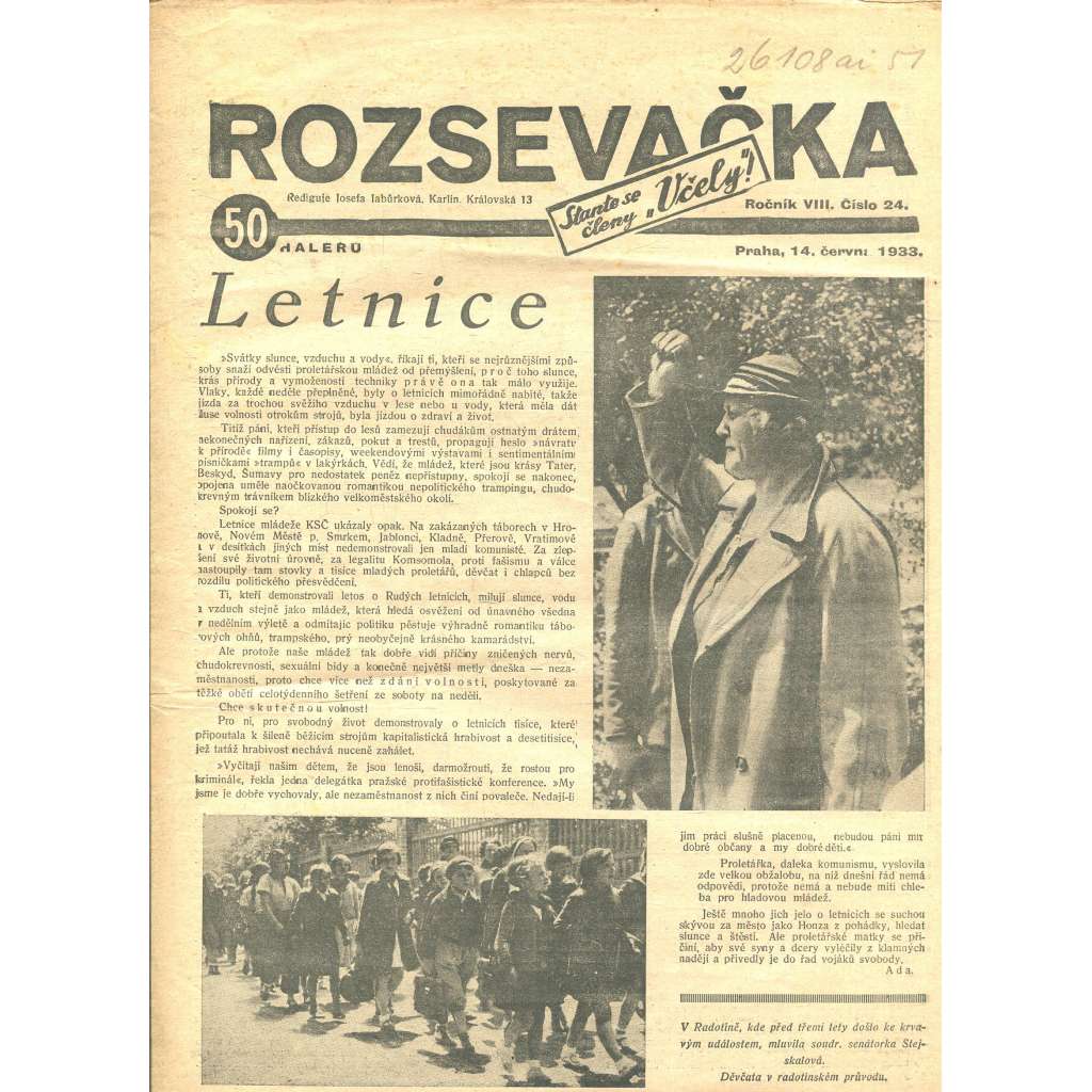 Rozsevačka, ročník VIII., číslo 24/1933 (časopis, 1. republika, noviny)