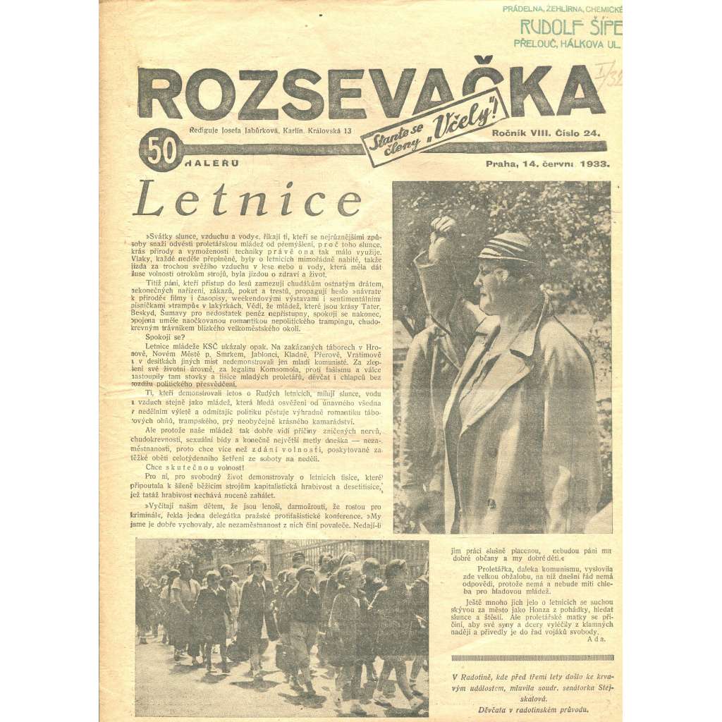 Rozsevačka, ročník VIII., číslo 24/1933 (časopis, 1. republika, noviny)