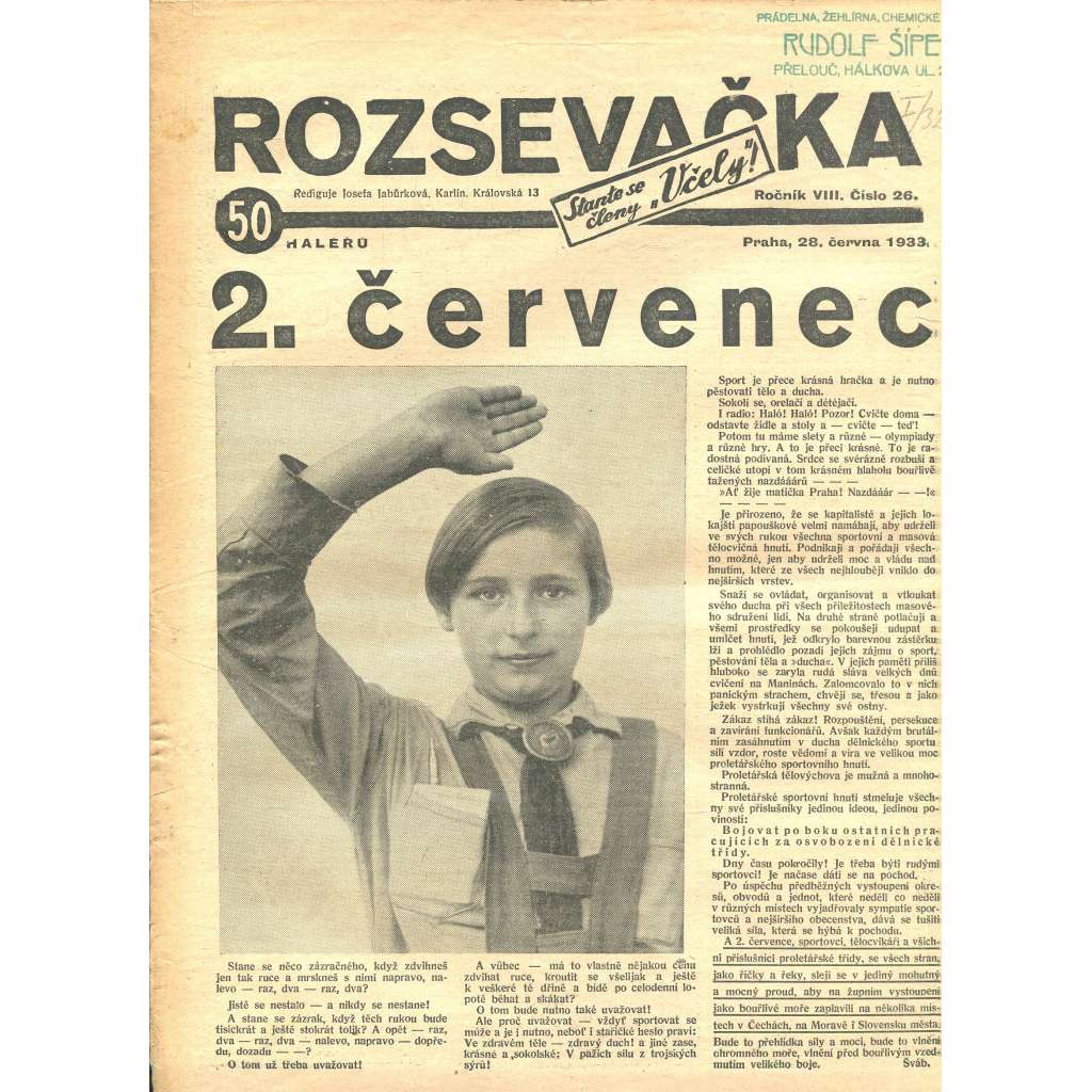 Rozsevačka, ročník VIII., číslo 26/1933 (časopis, 1. republika, noviny)