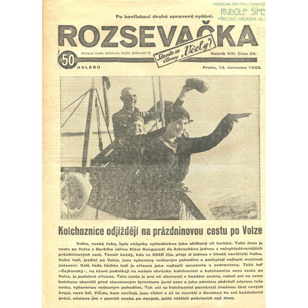 Rozsevačka, ročník VIII., číslo 28/1933 (časopis, 1. republika, noviny)