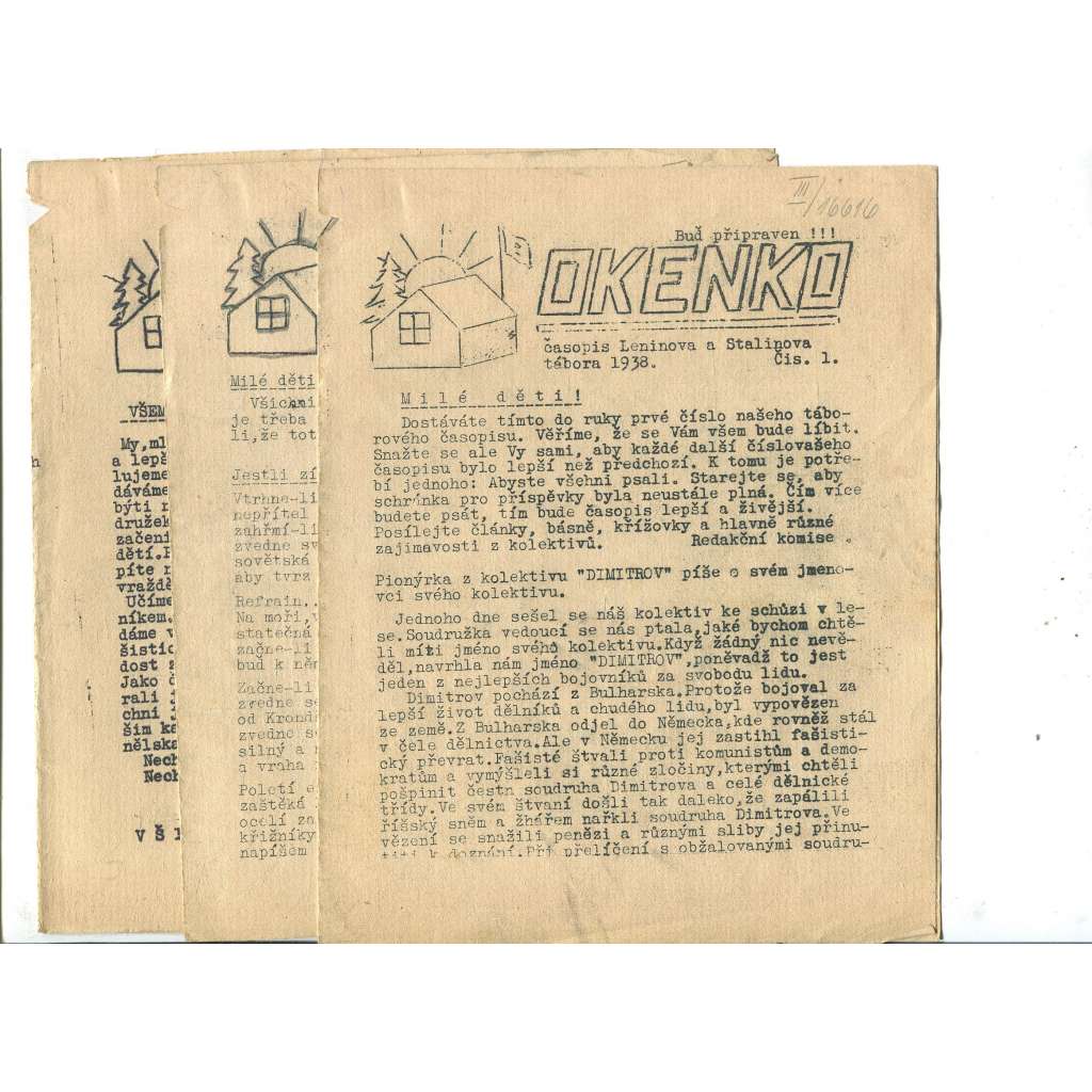 Okénko, číslo 1.-3./1938 (Soběšín, Tábor levicové mládeže) - časopis, noviny