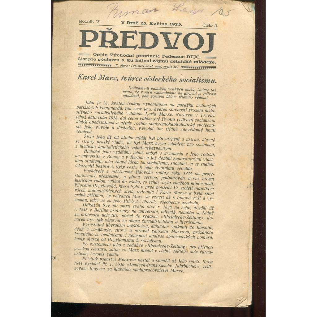Předvoj, ročník V., číslo 5/1923 (Dělnická mládež) - časopis, noviny,1. republika
