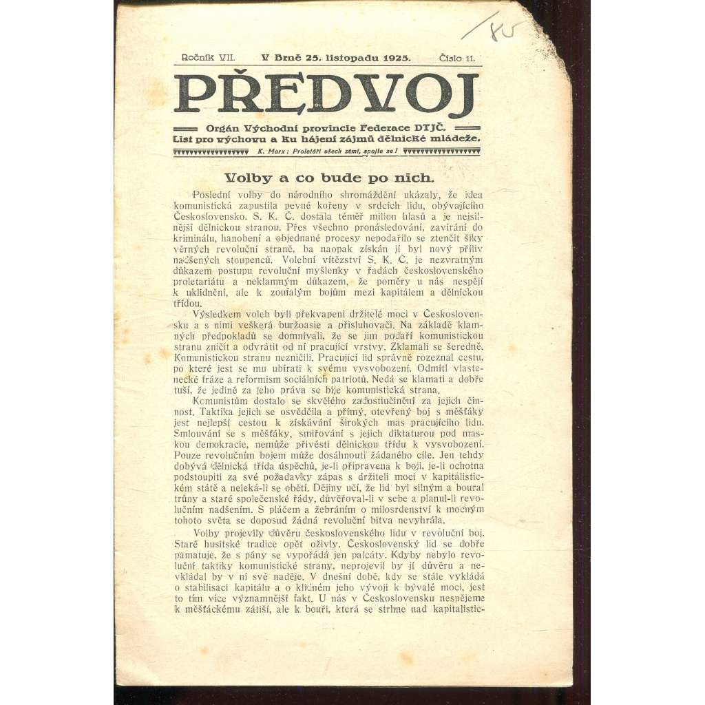 Předvoj, ročník VII., číslo 11/1925 (Dělnická mládež) - časopis, noviny,1. republika