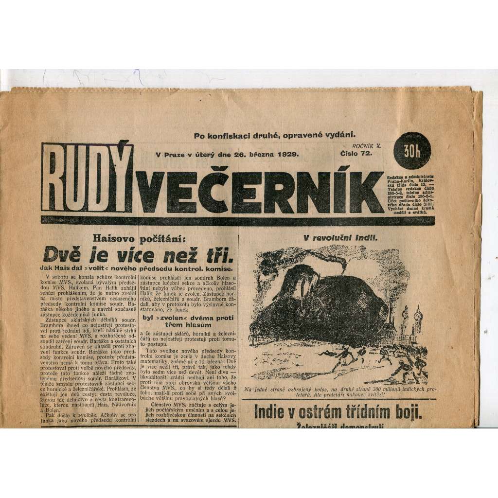 Rudý večerník (26.3.1929) - staré noviny, 1. republika