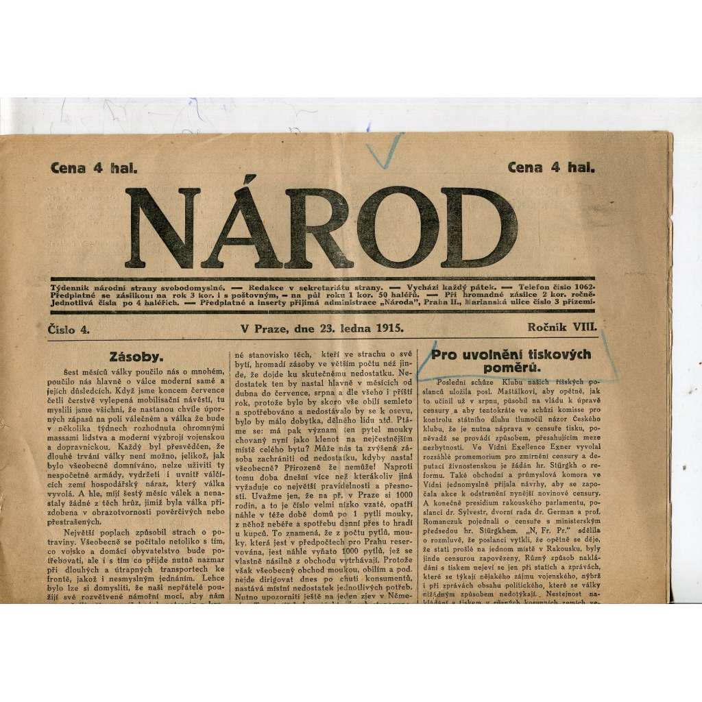 Národ, ročník VIII., číslo 4/1915 (23.1.1915) - staré noviny