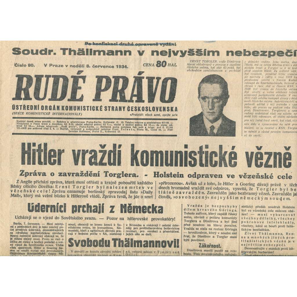 Rudé právo, číslo 80/1934 (1. republika, staré noviny) - [komunisté, komunismus]