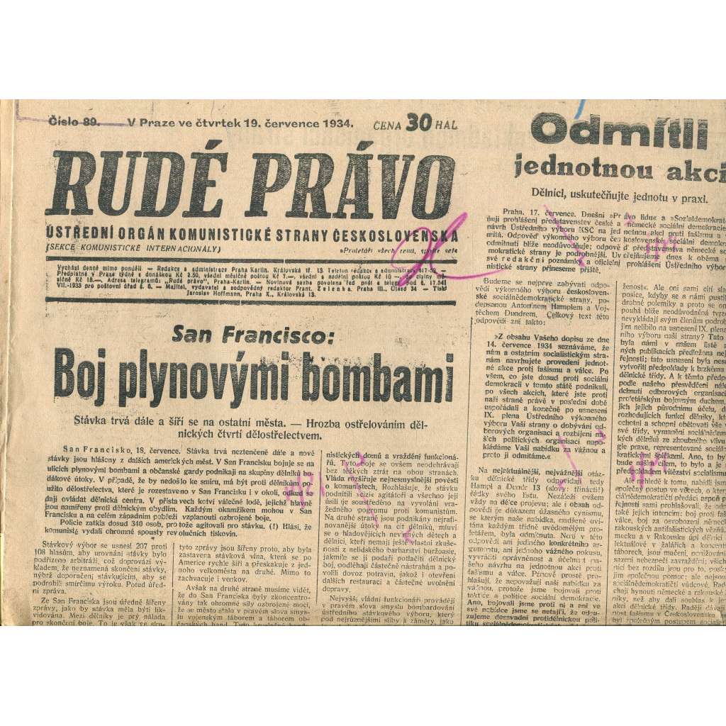 Rudé právo, číslo 89/1934 (1. republika, staré noviny) - [komunisté, komunismus]