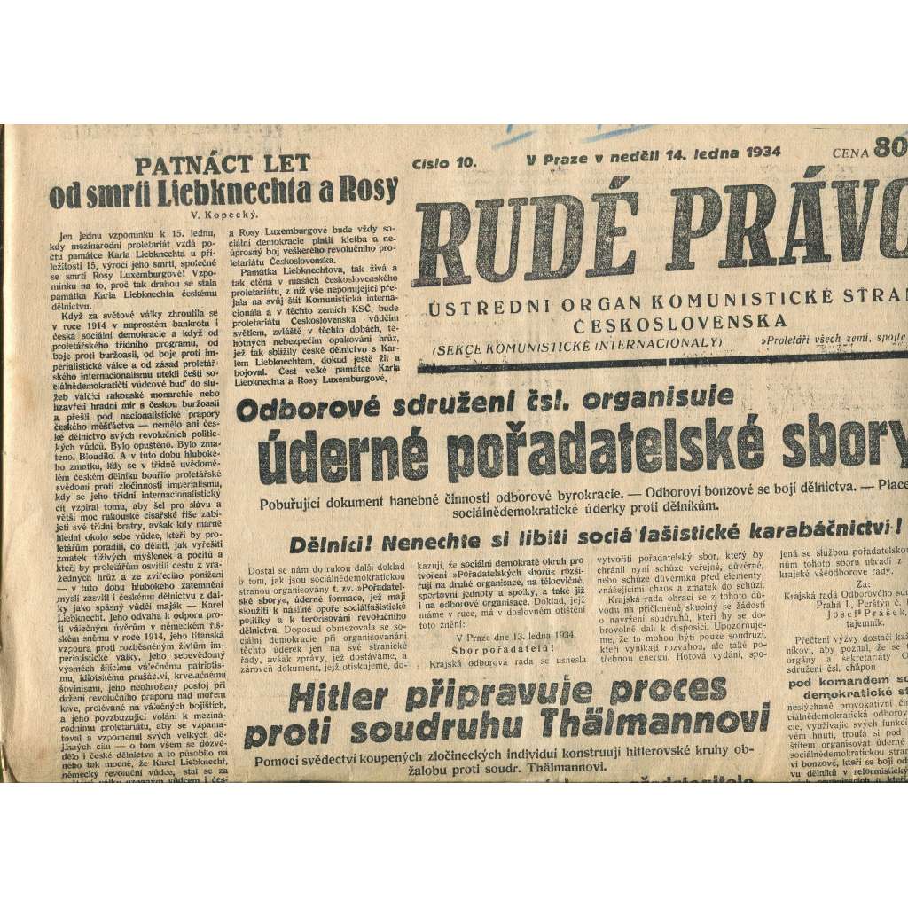 Rudé právo, číslo 10/1934 (1. republika, staré noviny) - [komunisté, komunismus]