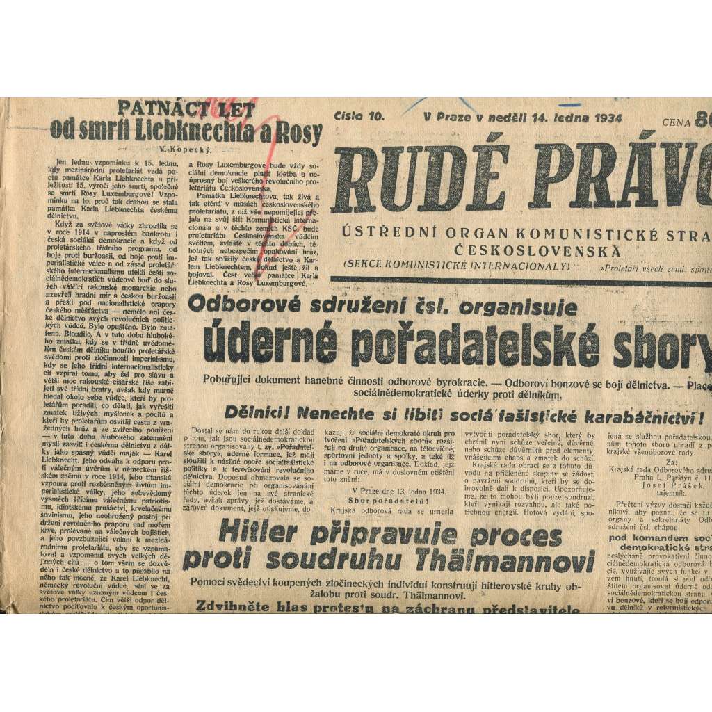 Rudé právo, číslo 10/1934 (1. republika, staré noviny) - [komunisté, komunismus]
