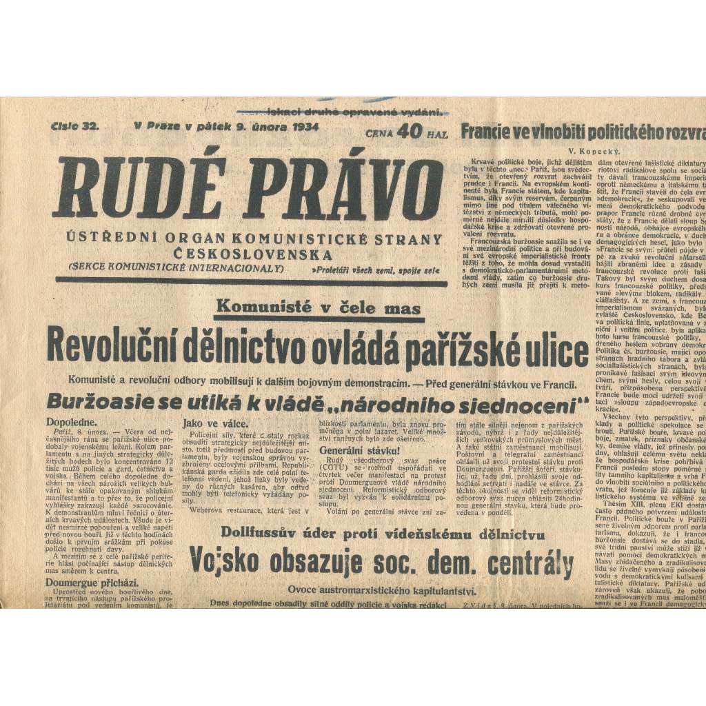 Rudé právo, číslo 32/1934 (1. republika, staré noviny) - [komunisté, komunismus]