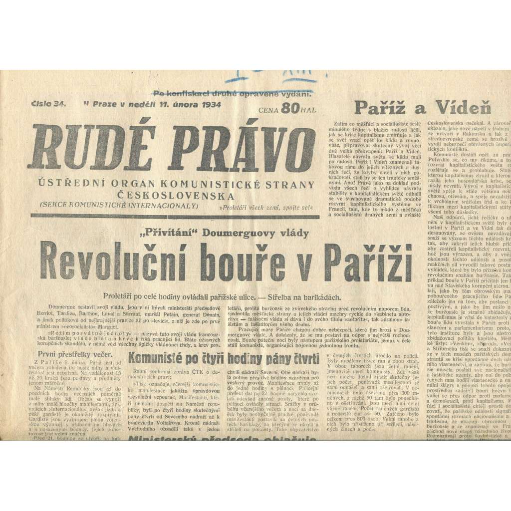 Rudé právo, číslo 34/1934 (1. republika, staré noviny) - [komunisté, komunismus]