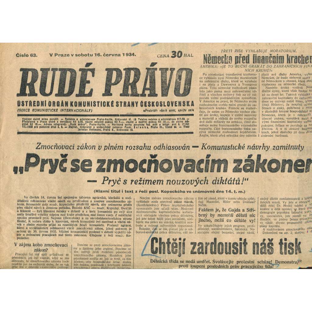 Rudé právo, číslo 63/1934 (1. republika, staré noviny) - [komunisté, komunismus]