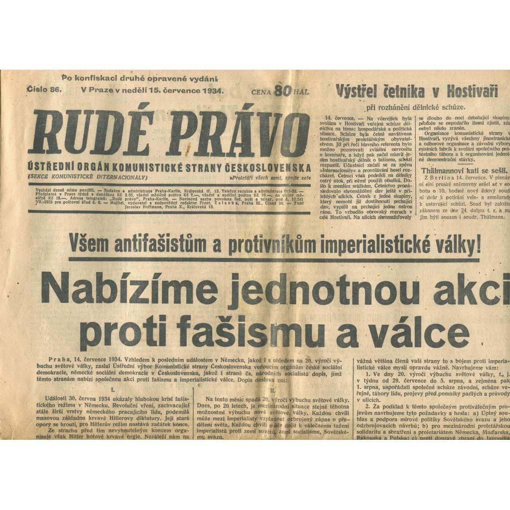 Rudé právo, číslo 86/1934 (1. republika, staré noviny) - [komunisté, komunismus]