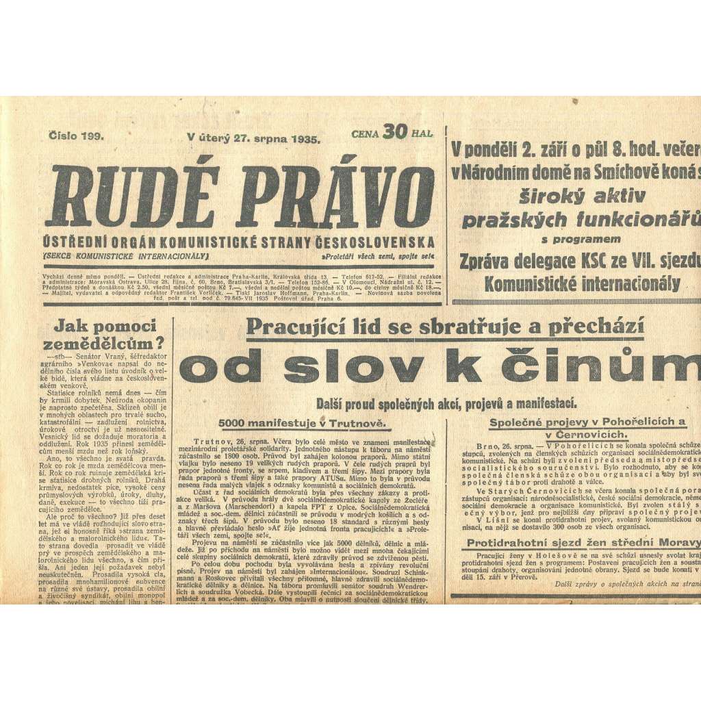 Rudé právo, číslo 199/1935 (1. republika, staré noviny) - [komunisté, komunismus]