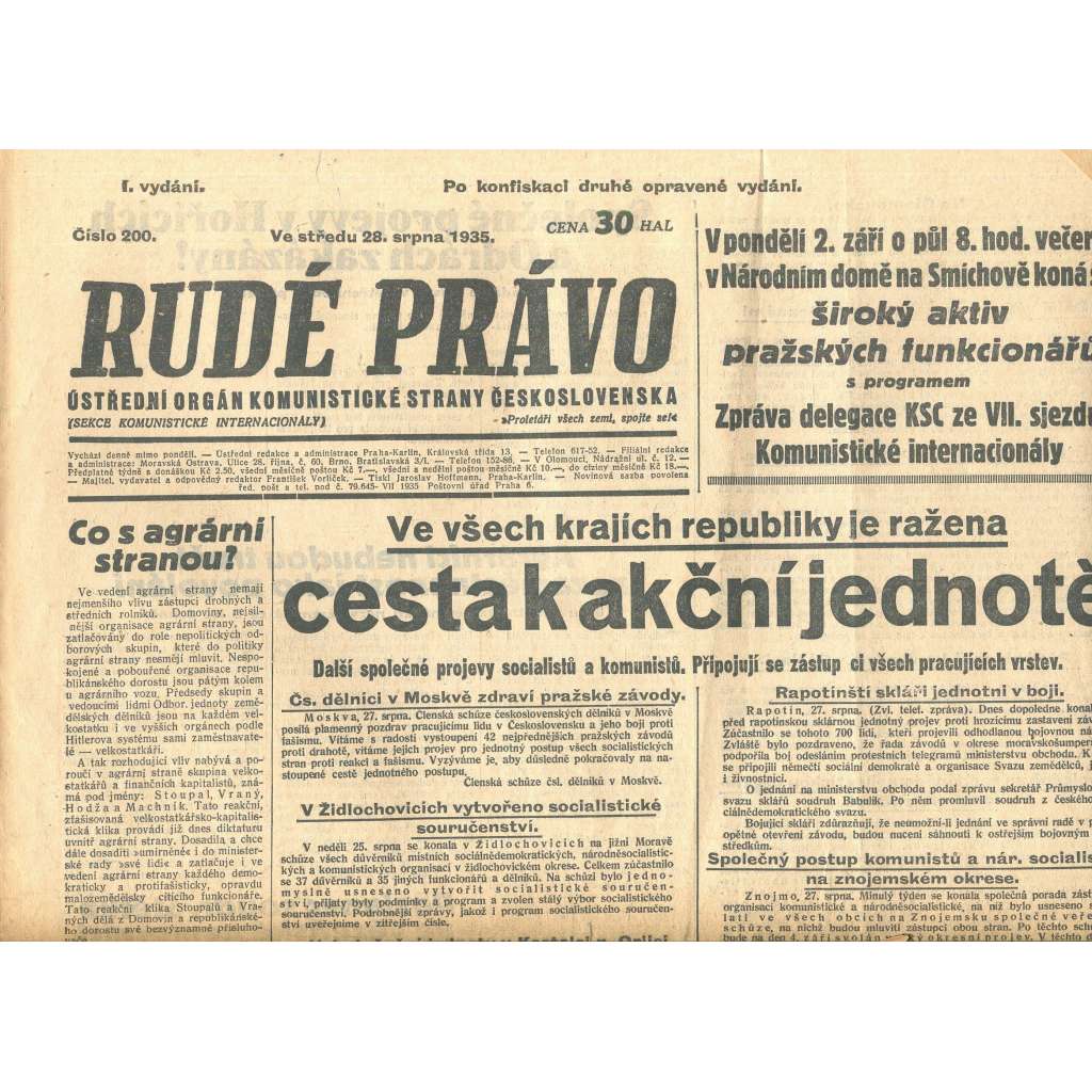 Rudé právo, číslo 200/1935 (1. republika, staré noviny) - [komunisté, komunismus]