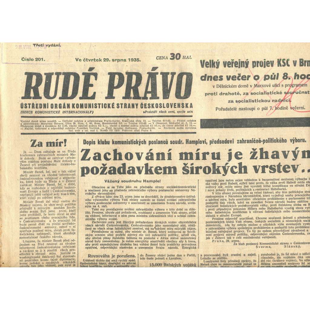 Rudé právo, číslo 201/1935 (1. republika, staré noviny) - [komunisté, komunismus]