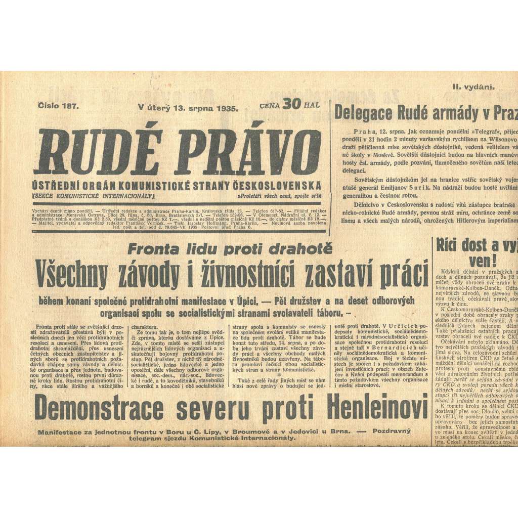 Rudé právo, číslo 187/1935 (1. republika, staré noviny) - [komunisté, komunismus]