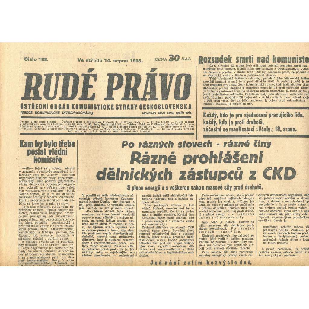 Rudé právo, číslo 188/1935 (1. republika, staré noviny) - [komunisté, komunismus]