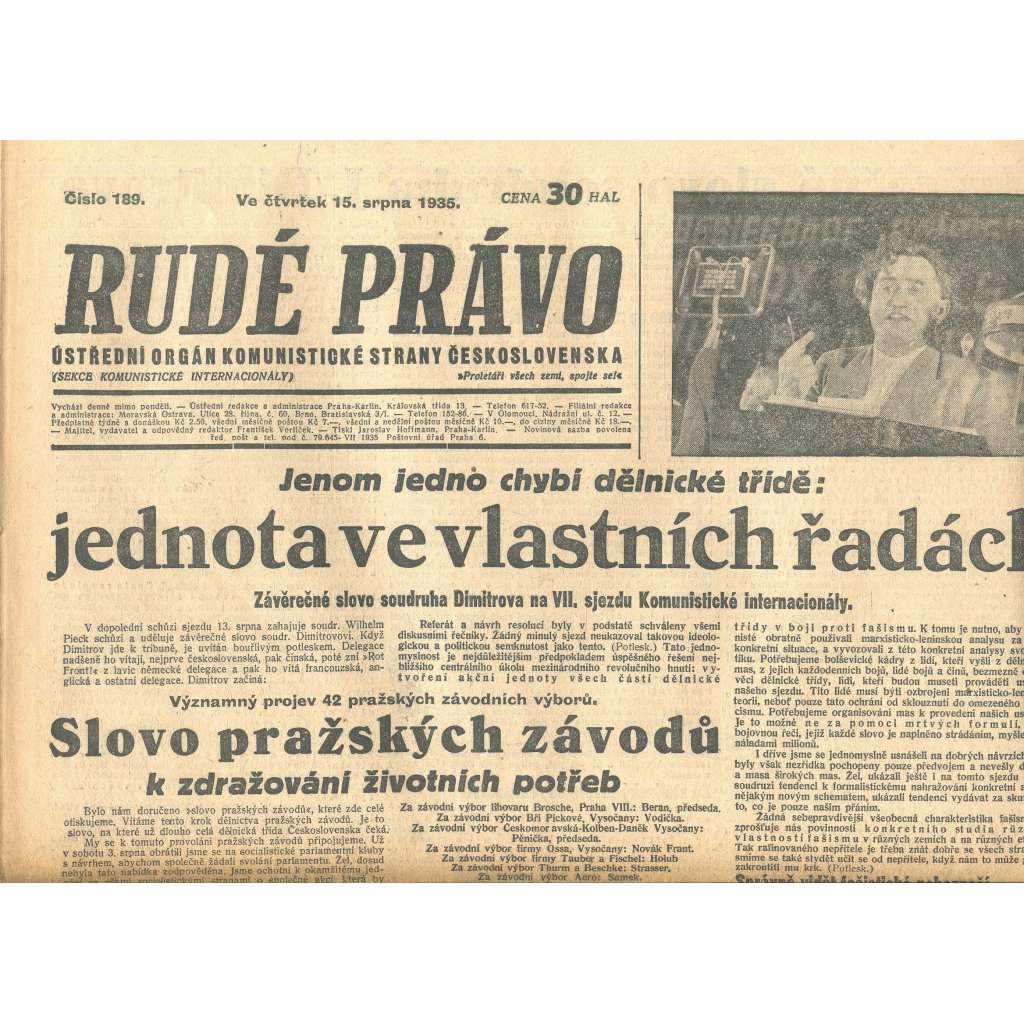 Rudé právo, číslo 189/1935 (1. republika, staré noviny) - [komunisté, komunismus]