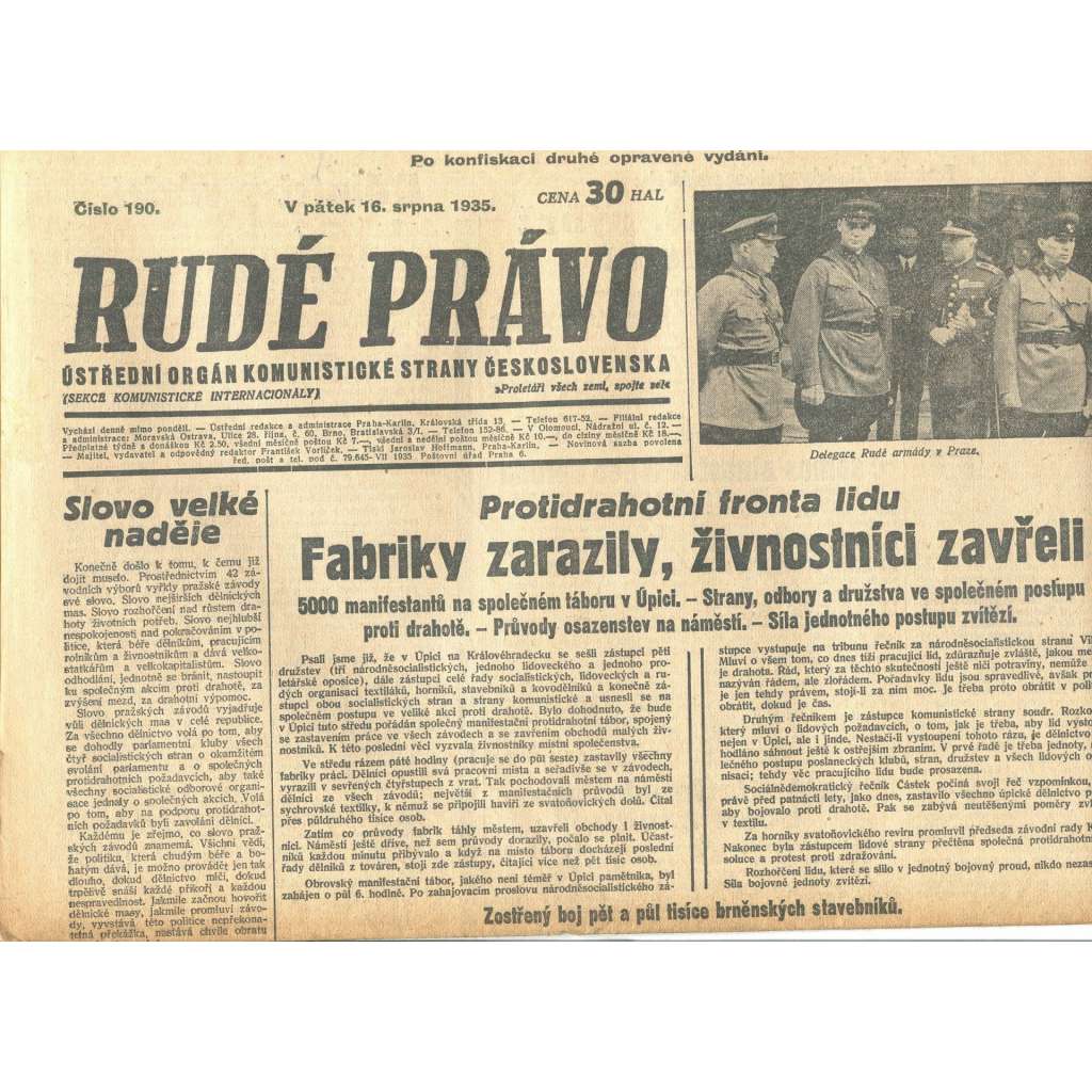 Rudé právo, číslo 190/1935 (1. republika, staré noviny) - [komunisté, komunismus]