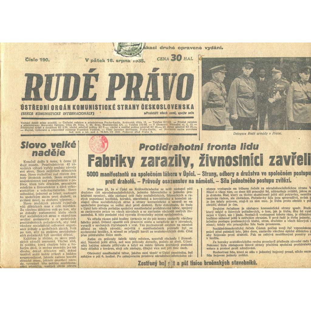 Rudé právo, číslo 190/1935 (1. republika, staré noviny) - [komunisté, komunismus]