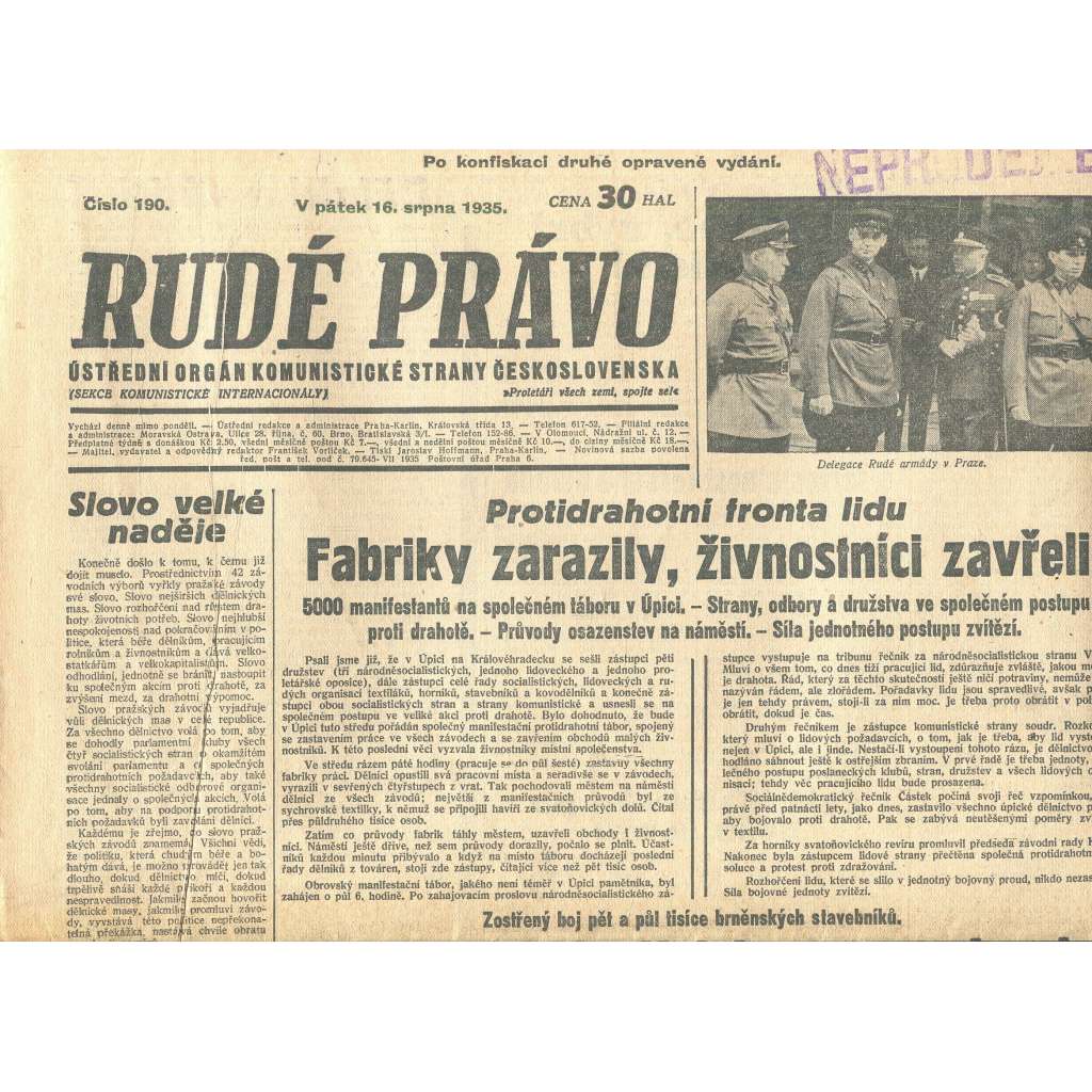 Rudé právo, číslo 190/1935 (1. republika, staré noviny) - [komunisté, komunismus]