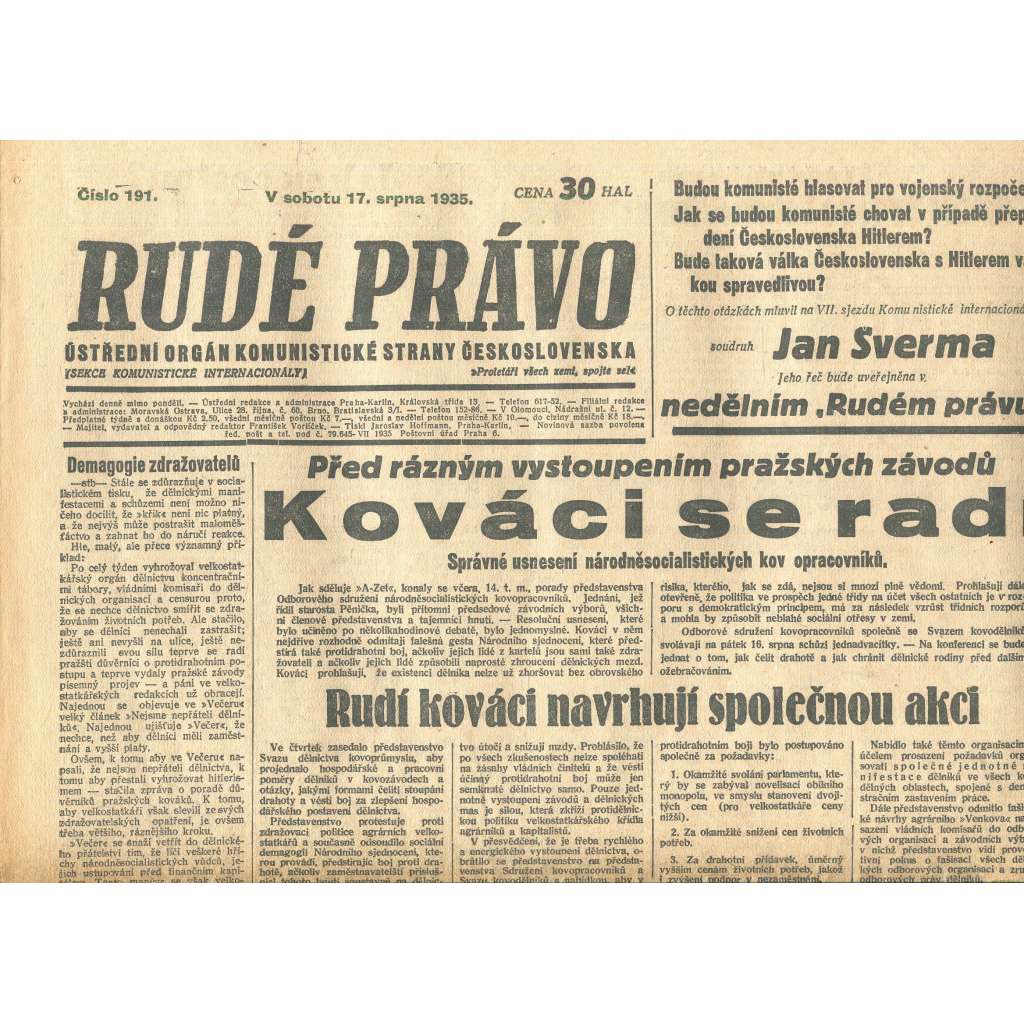 Rudé právo, číslo 191/1935 (1. republika, staré noviny) - [komunisté, komunismus]