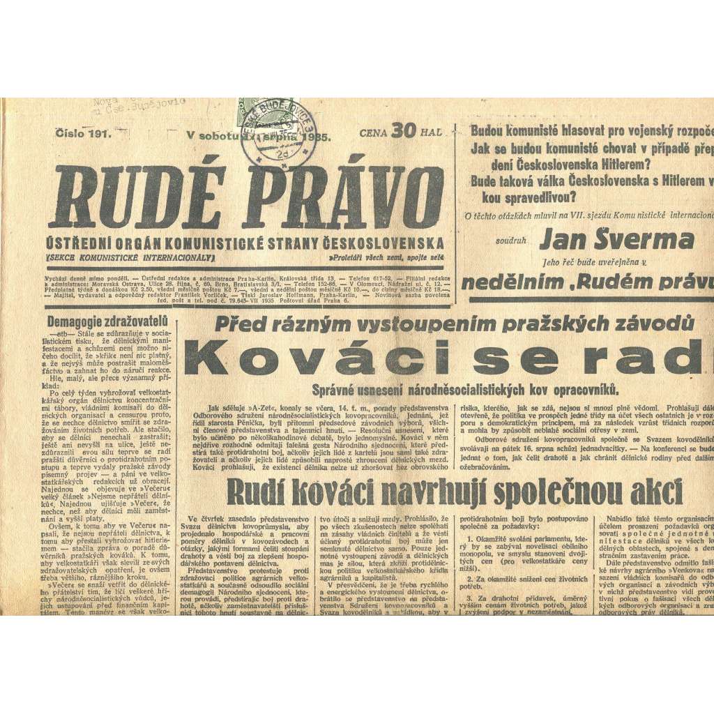 Rudé právo, číslo 191/1935 (1. republika, staré noviny) - [komunisté, komunismus]