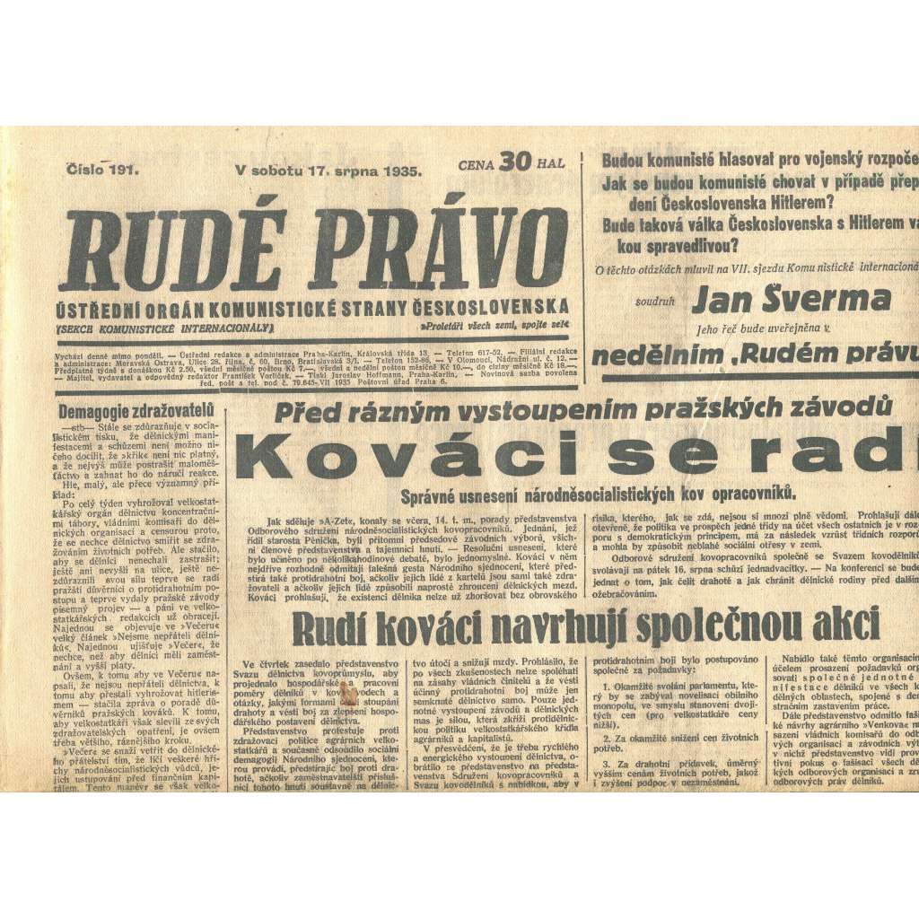 Rudé právo, číslo 191/1935 (1. republika, staré noviny) - [komunisté, komunismus]