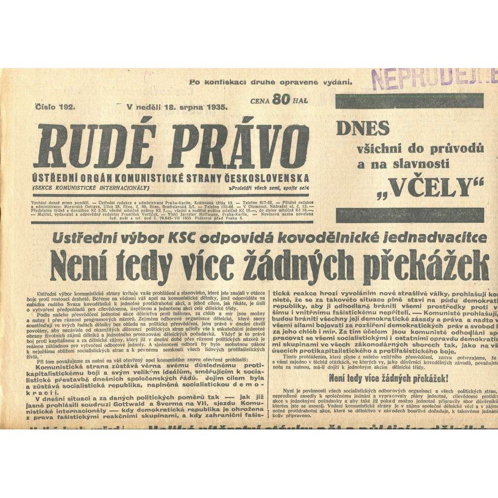 Rudé právo, číslo 192/1935 (1. republika, staré noviny) - [komunisté, komunismus]