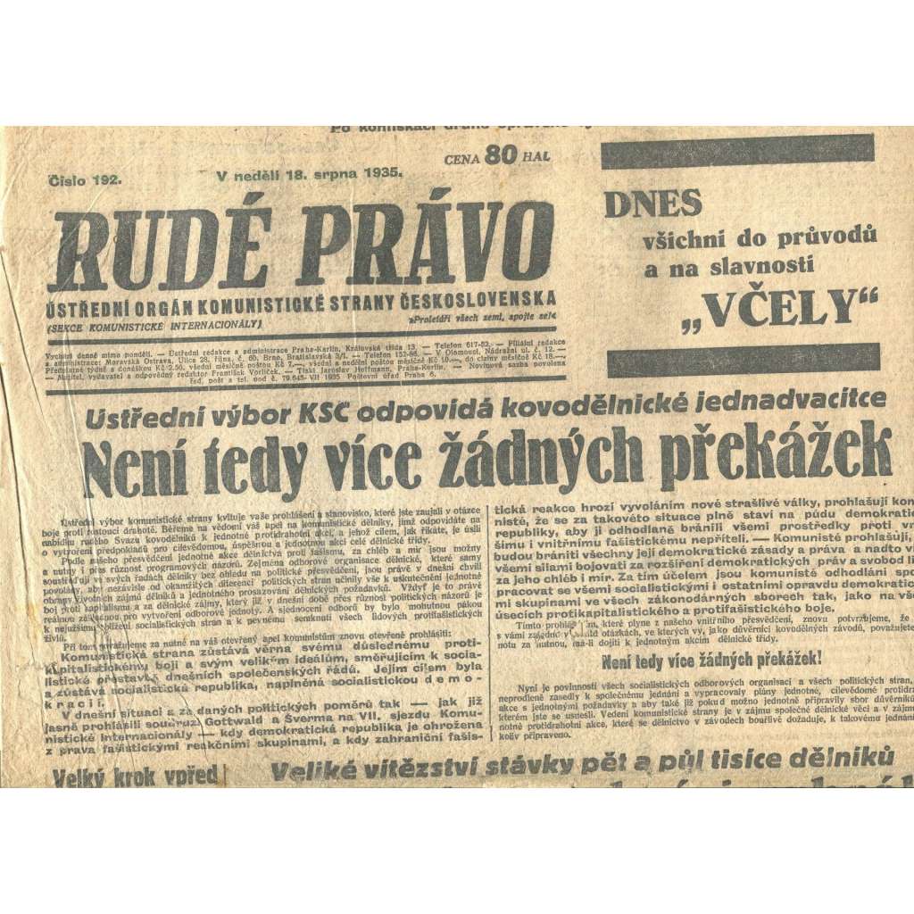 Rudé právo, číslo 192/1935 (1. republika, staré noviny) - [komunisté, komunismus]