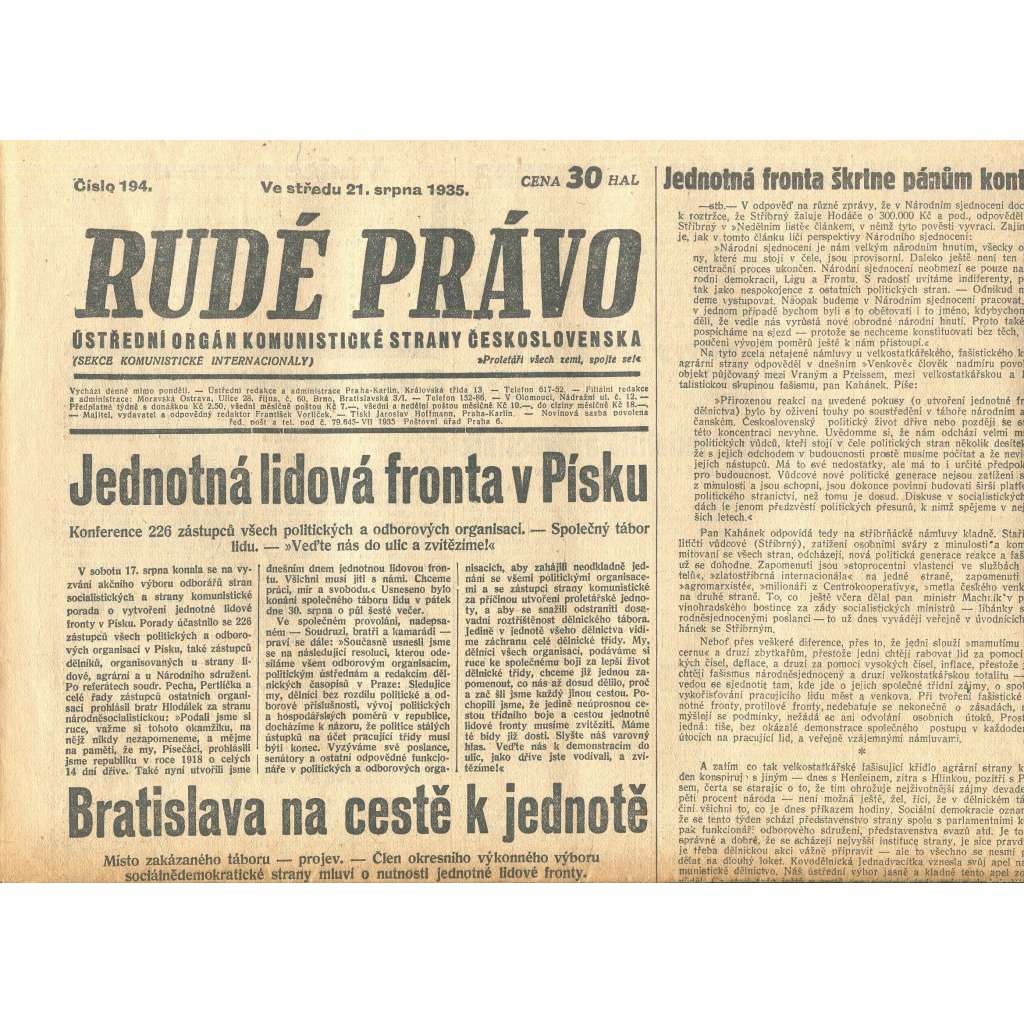 Rudé právo, číslo 194/1935 (1. republika, staré noviny) - [komunisté, komunismus]