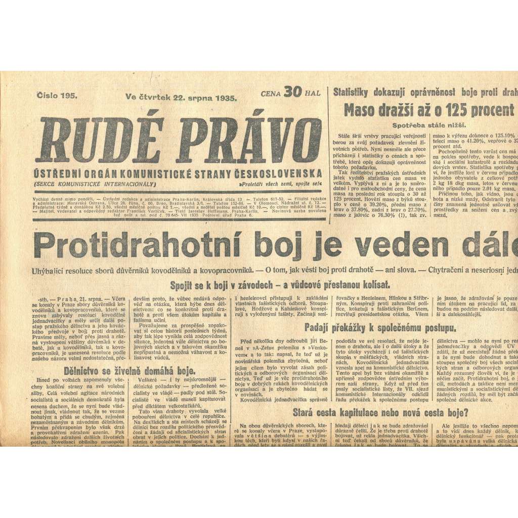 Rudé právo, číslo 195/1935 (1. republika, staré noviny) - [komunisté, komunismus]