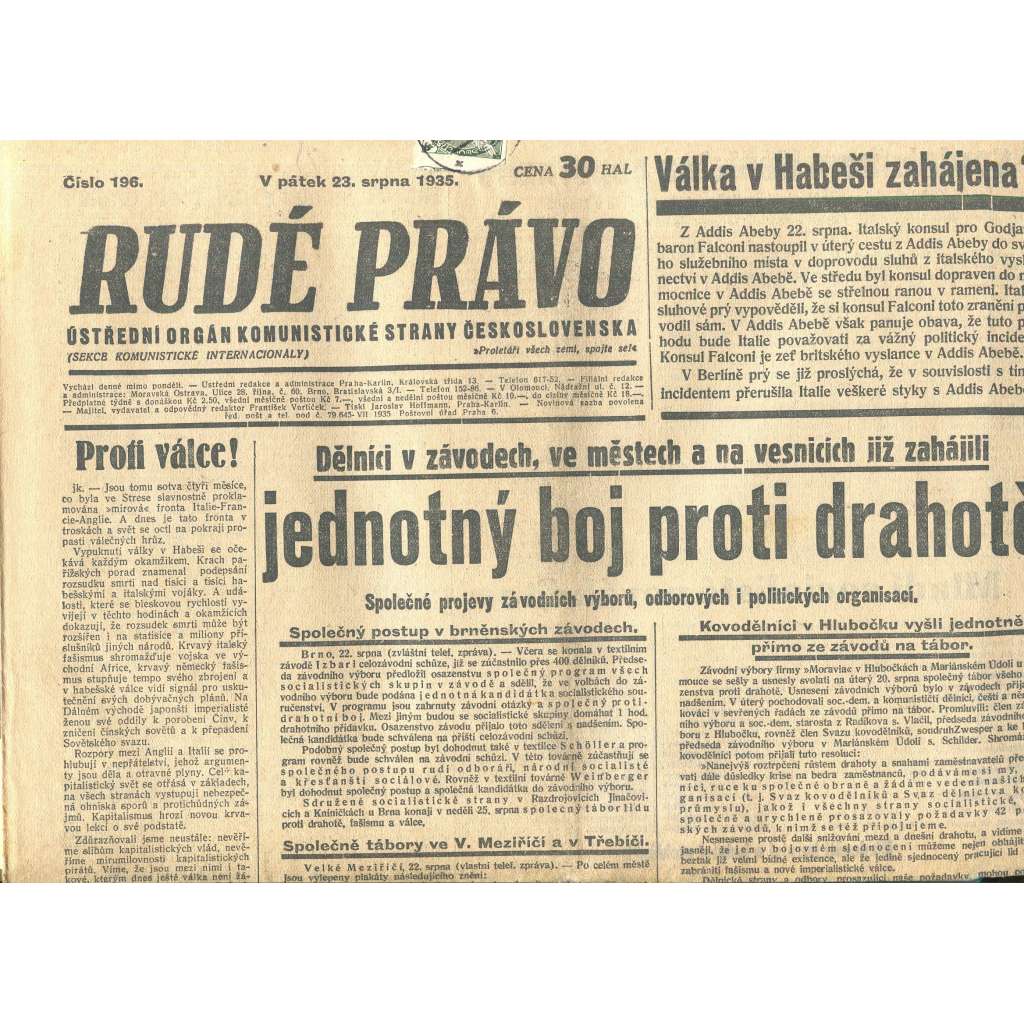 Rudé právo, číslo 196/1935 (1. republika, staré noviny) - [komunisté, komunismus]