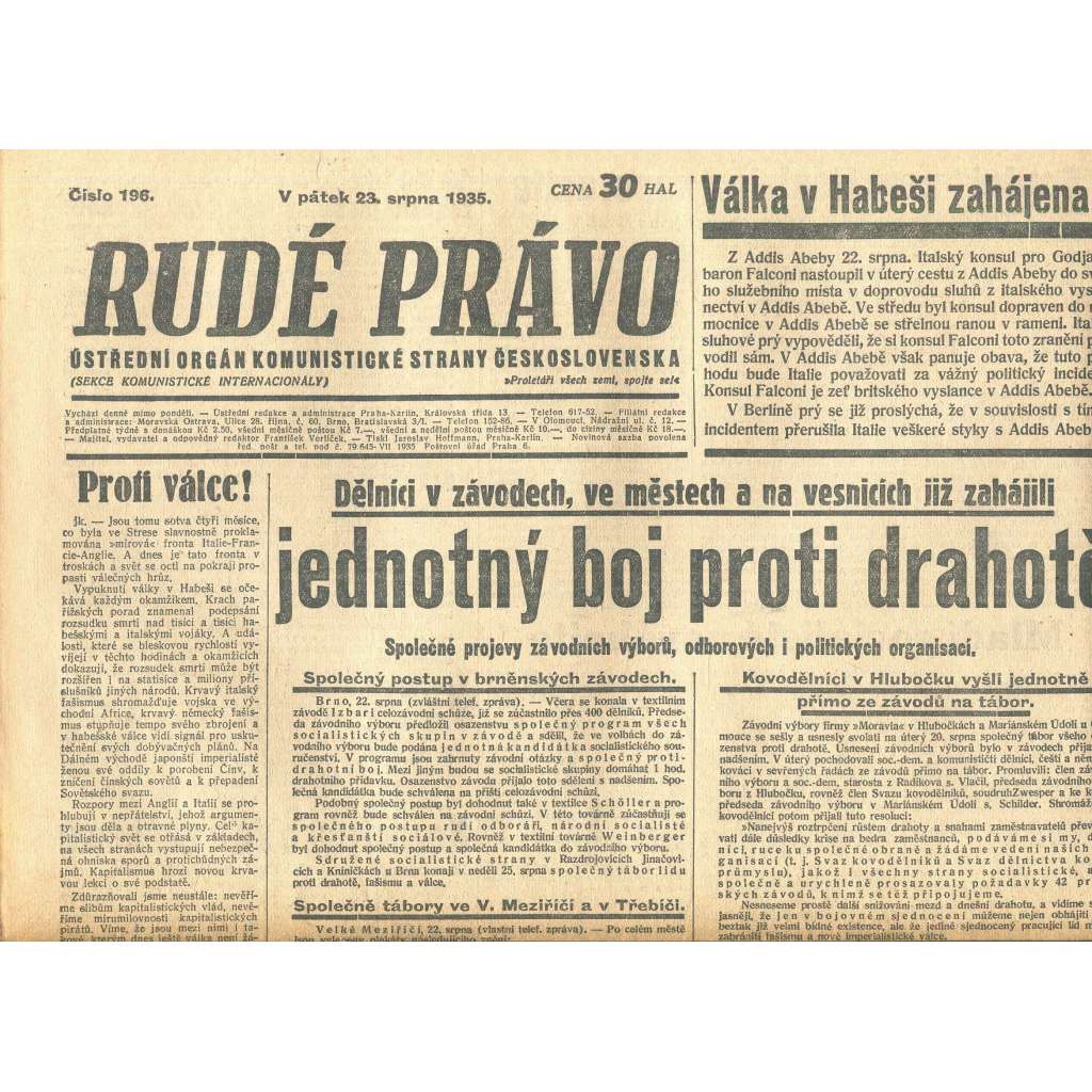 Rudé právo, číslo 196/1935 (1. republika, staré noviny) - [komunisté, komunismus]