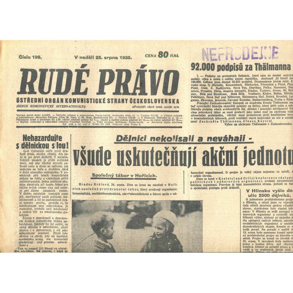 Rudé právo, číslo 198/1935 (1. republika, staré noviny) - [komunisté, komunismus]