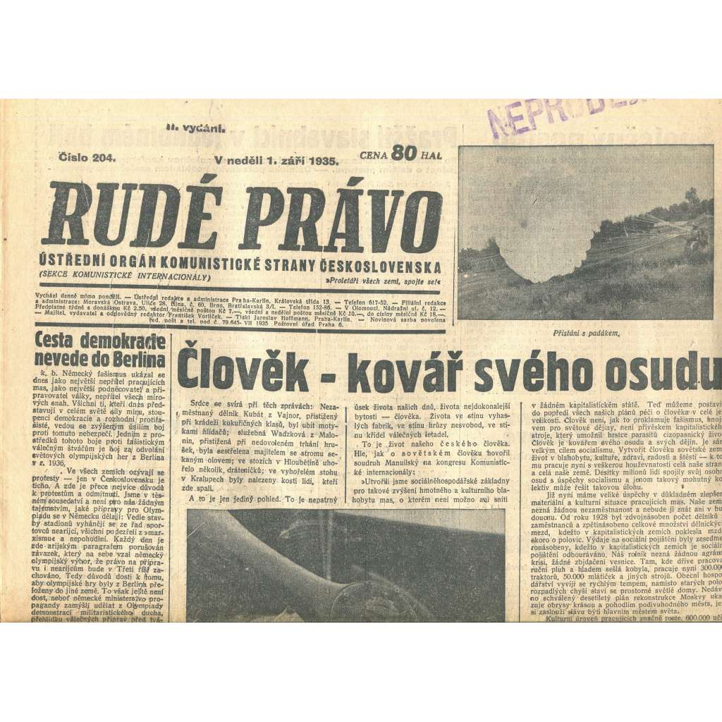 Rudé právo, číslo 204/1935 (1. republika, staré noviny) - [komunisté, komunismus]