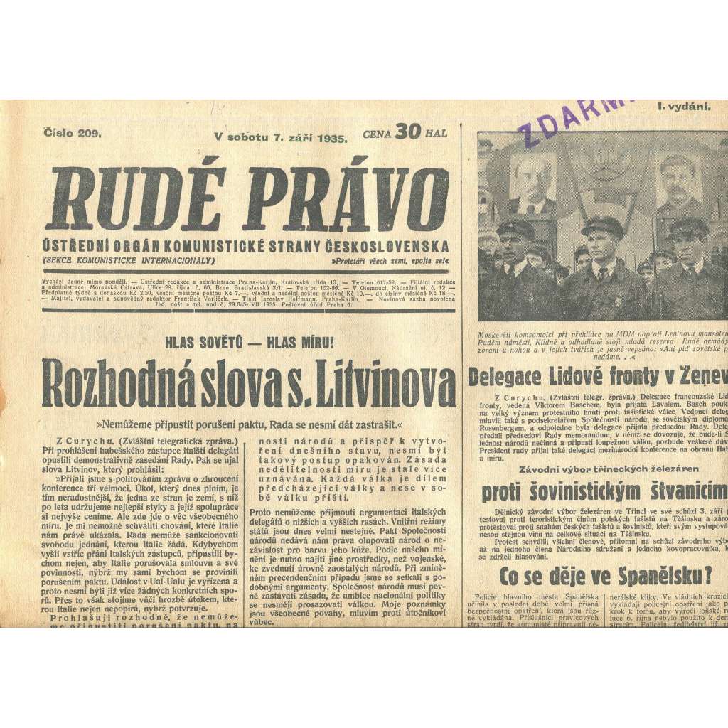Rudé právo, číslo 209/1935 (1. republika, staré noviny) - [komunisté, komunismus]