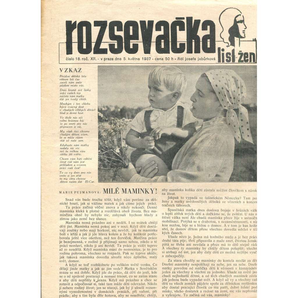 Rozsevačka, ročník XII., číslo 18/1937 (časopis, noviny)