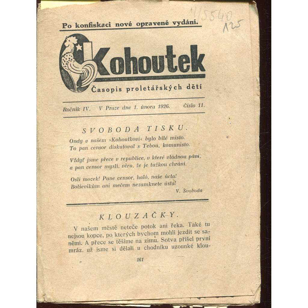 Kohoutek, ročník IV., číslo 11/1926. Časopis proletářských dětí (1. republika, staré noviny)