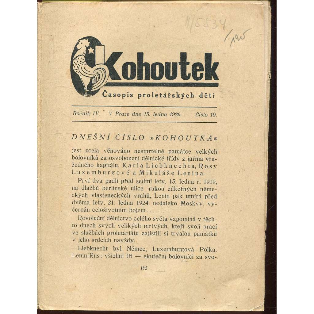 Kohoutek, ročník IV., číslo 10/1926. Časopis proletářských dětí (1. republika, staré noviny)